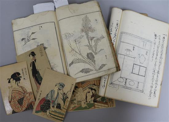 Two Japanese woodblock printed books, four postcards and two folios